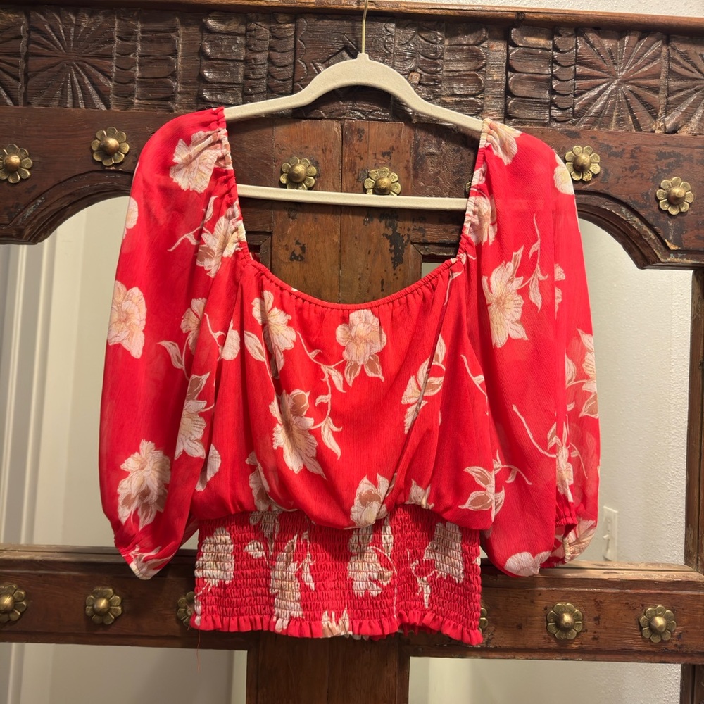 Lush Red Smocked Ruffled Blouse
